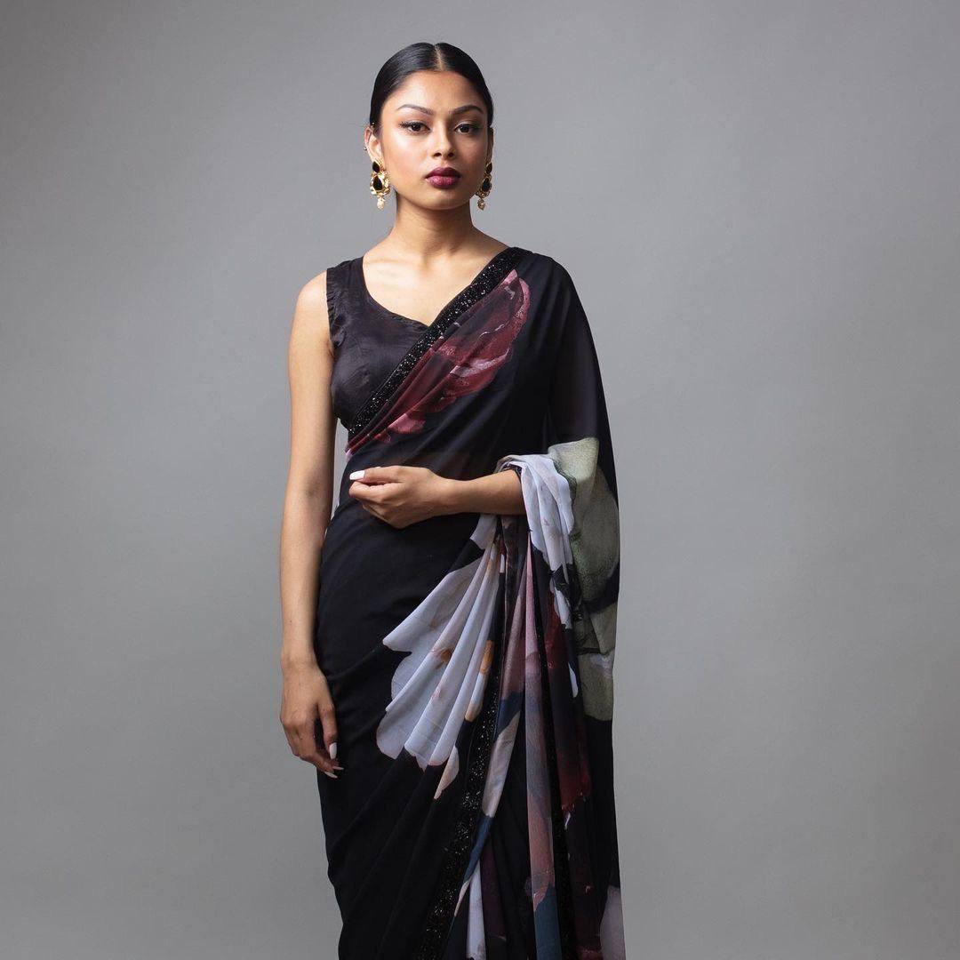 Black Digital Print Georgette Saree with Lace Border Black Blouse
