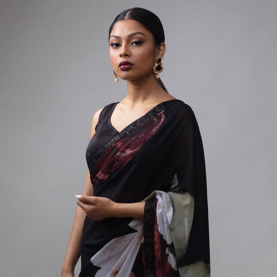 Black Digital Print Georgette Saree with Lace Border Black Blouse