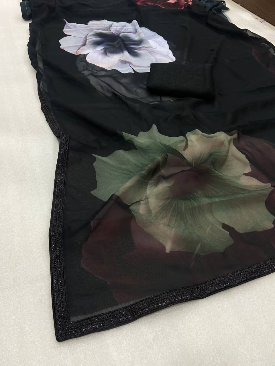 Black Digital Print Georgette Saree with Lace Border Black Blouse