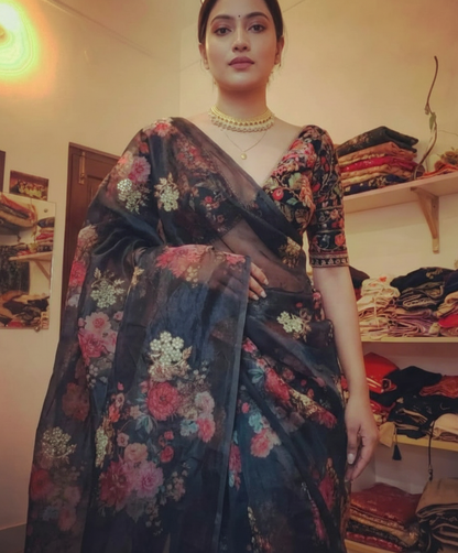 Black Digital Print Organza Saree with Golden Zari Embroidery Blouse