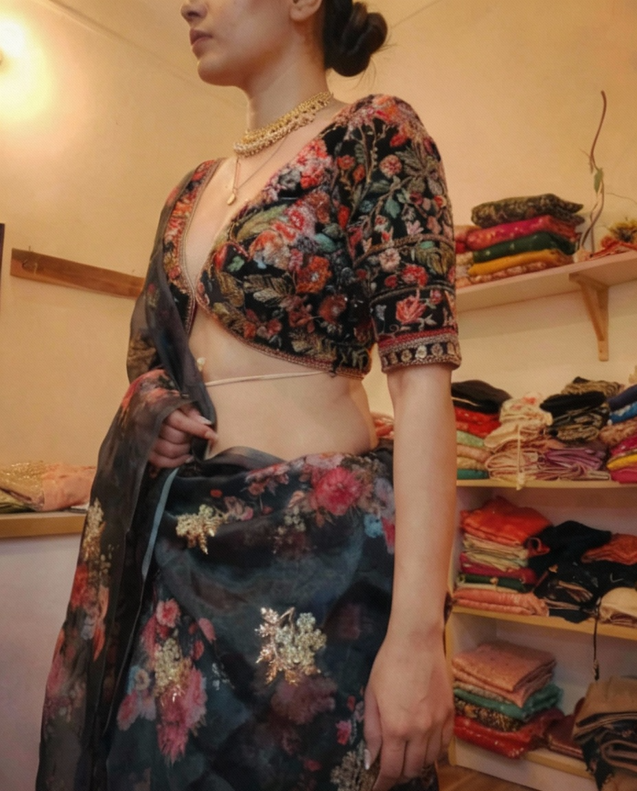 Black Digital Print Organza Saree with Golden Zari Embroidery Blouse