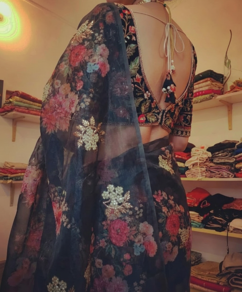 Black Digital Print Organza Saree with Golden Zari Embroidery Blouse