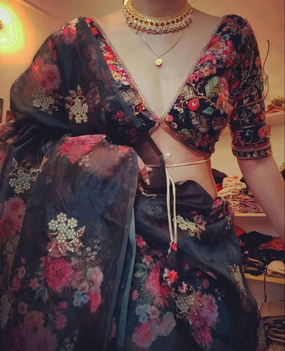 Black Digital Print Organza Saree with Golden Zari Embroidery Blouse