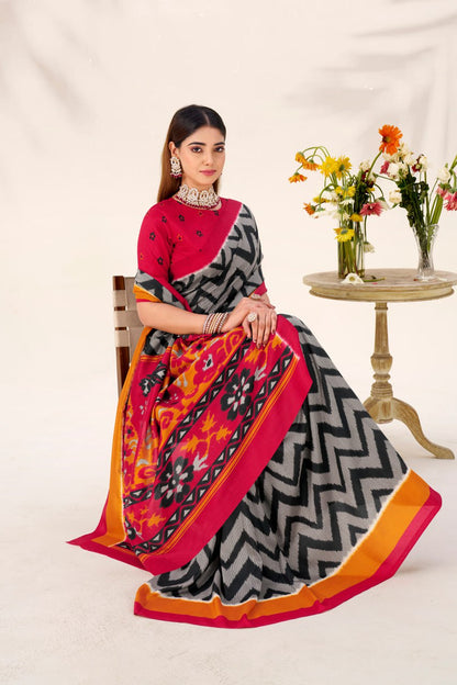 Black Elegant Zigzag Tasar Silk Printed Saree with Matching Blouse