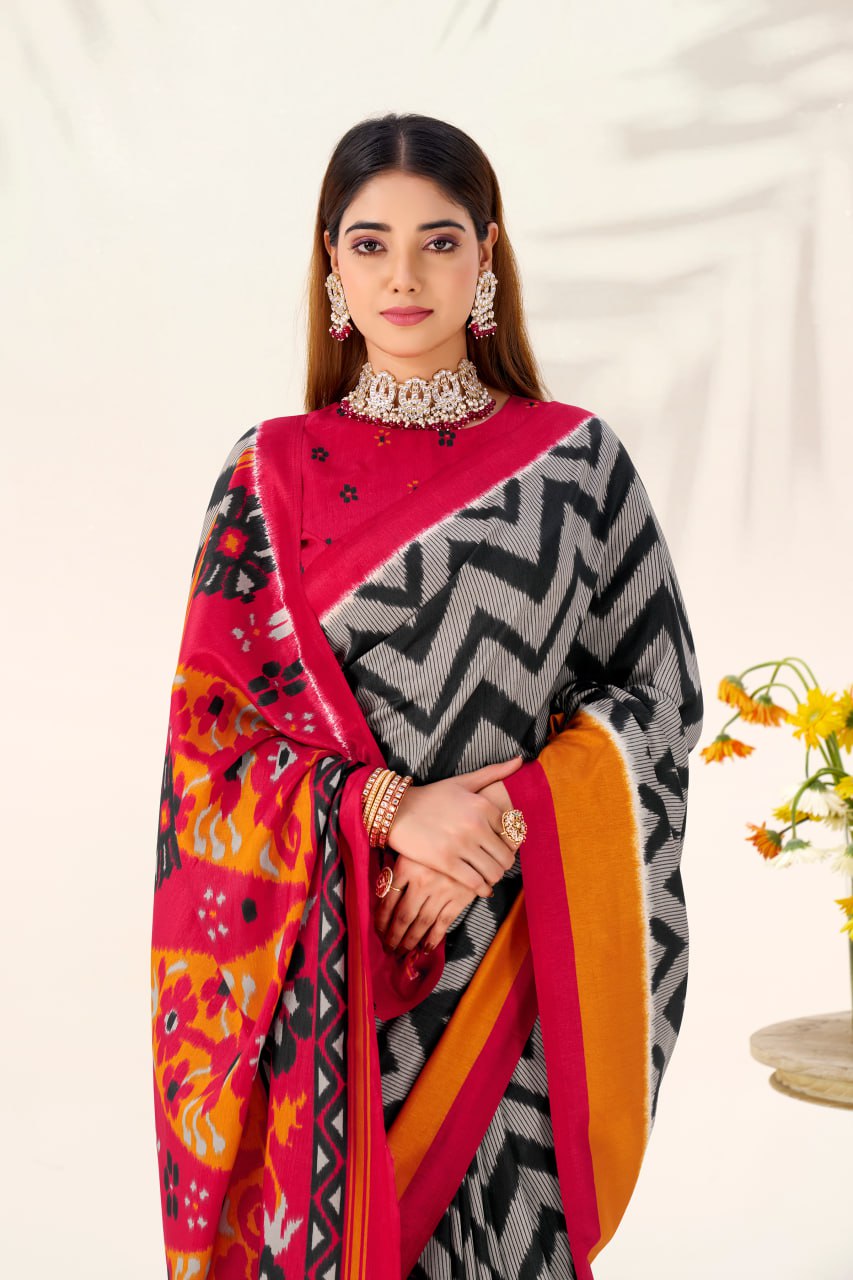 Black Elegant Zigzag Tasar Silk Printed Saree with Matching Blouse
