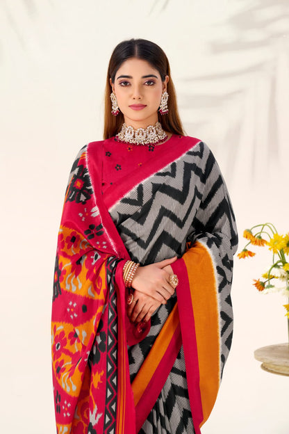 Black Elegant Zigzag Tasar Silk Printed Saree with Matching Blouse