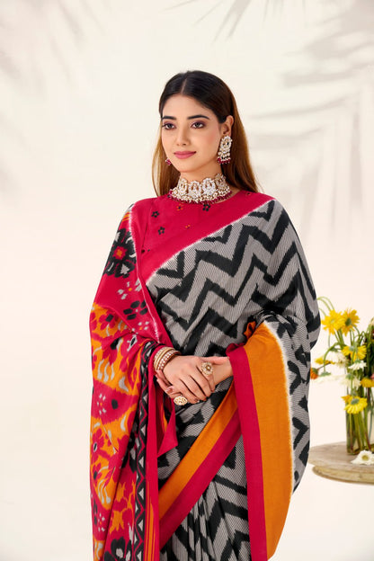 Black Elegant Zigzag Tasar Silk Printed Saree with Matching Blouse
