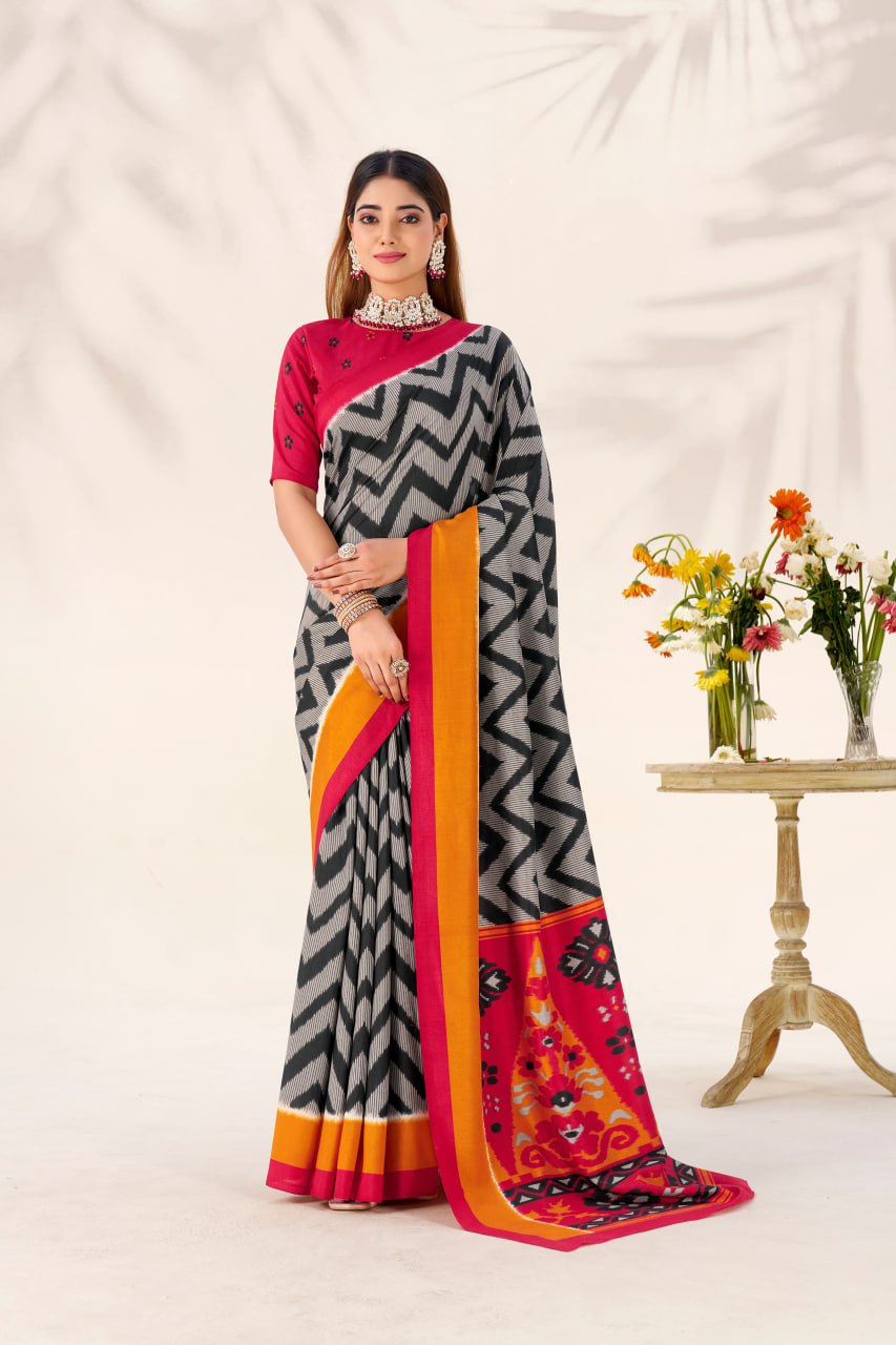 Black Elegant Zigzag Tasar Silk Printed Saree with Matching Blouse