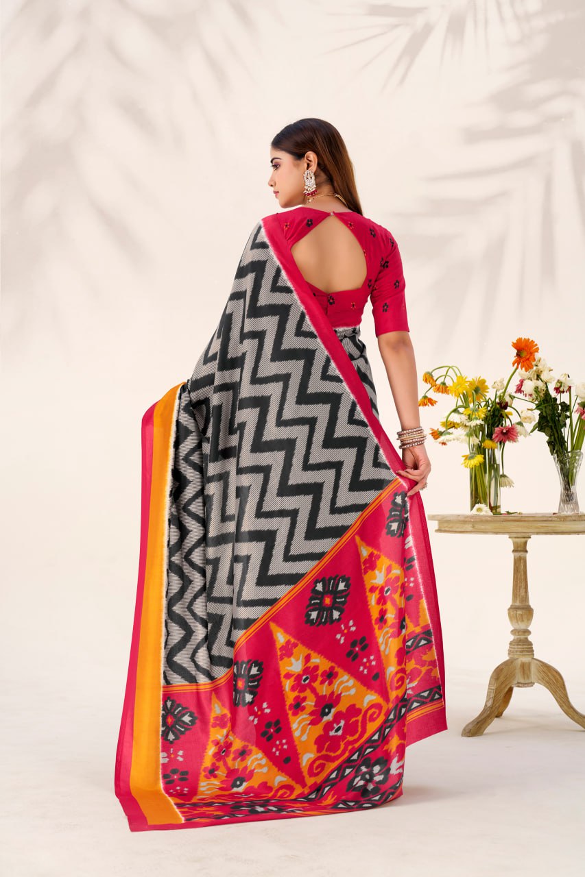 Black Elegant Zigzag Tasar Silk Printed Saree with Matching Blouse