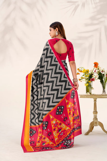 Black Elegant Zigzag Tasar Silk Printed Saree with Matching Blouse