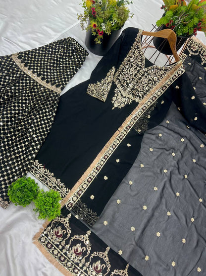 Black Faux Georgette Sharara Plazzo Top and Dupatta For Party Wear 