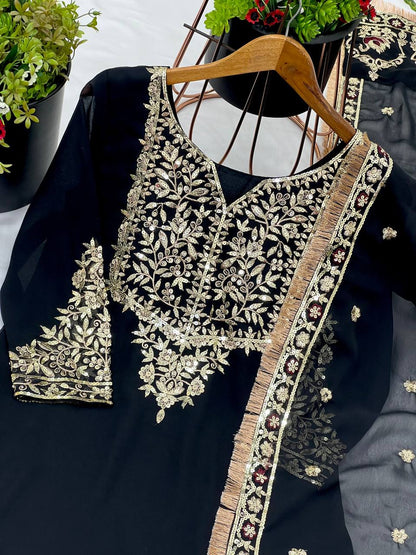 Black Faux Georgette Sharara Plazzo Top and Dupatta For Party Wear 