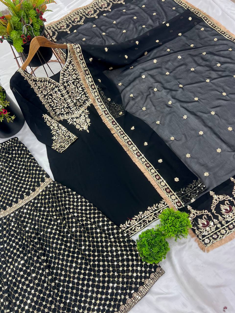 Black Faux Georgette Sharara Plazzo Top and Dupatta For Party Wear 
