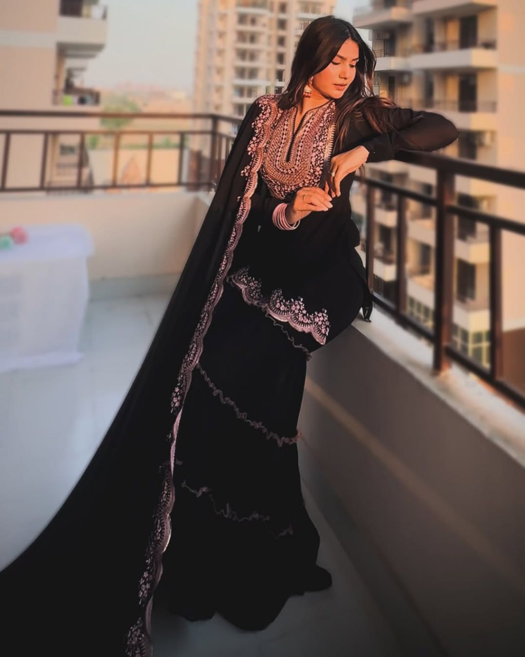 Black Faux Georgette Sharara Set with Pink Embroidered 