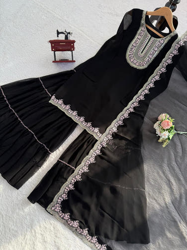 Black Faux Georgette Sharara Set with Pink Embroidered 