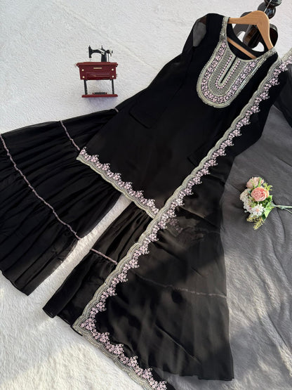 Black Faux Georgette Sharara Set with Pink Embroidered 