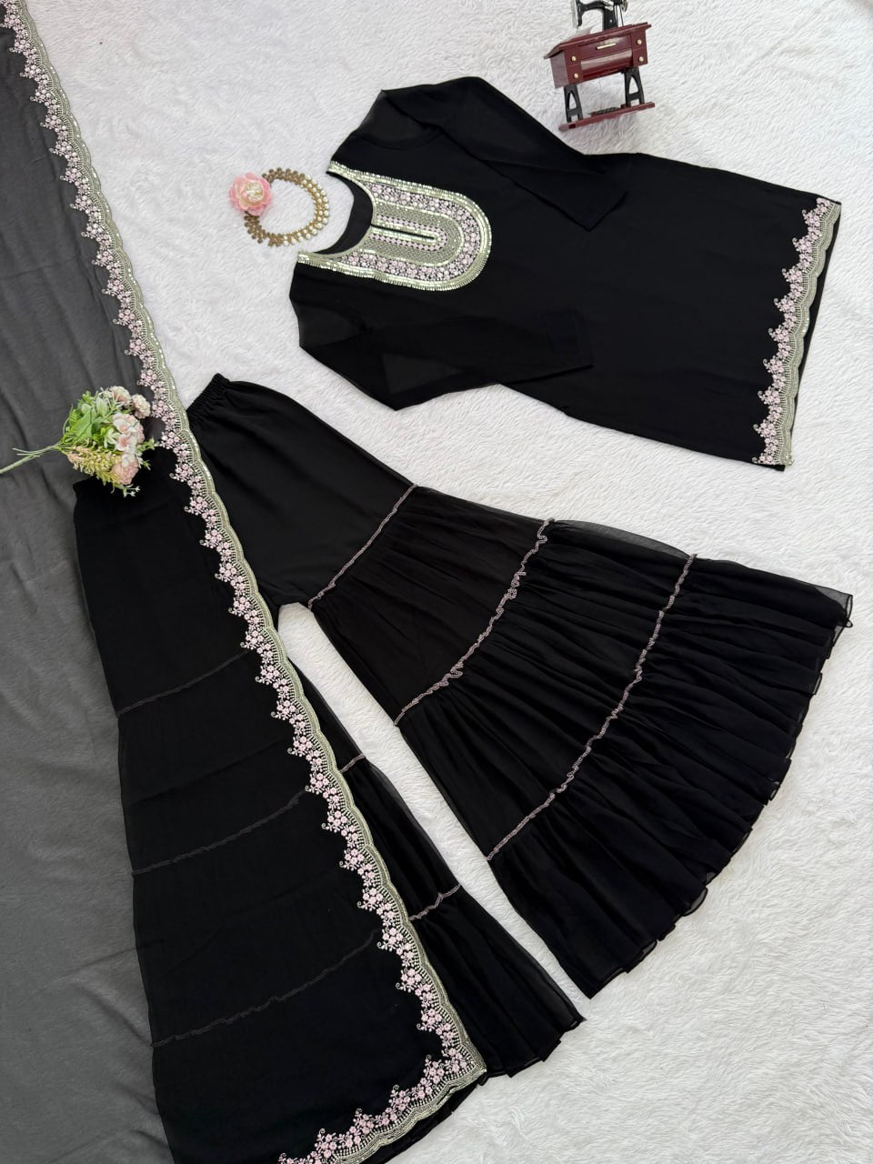 Black Faux Georgette Sharara Set with Pink Embroidered 