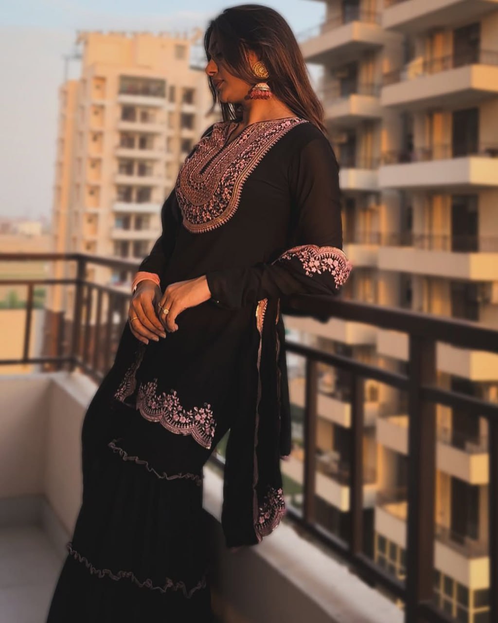 Black Faux Georgette Sharara Set with Pink Embroidered 