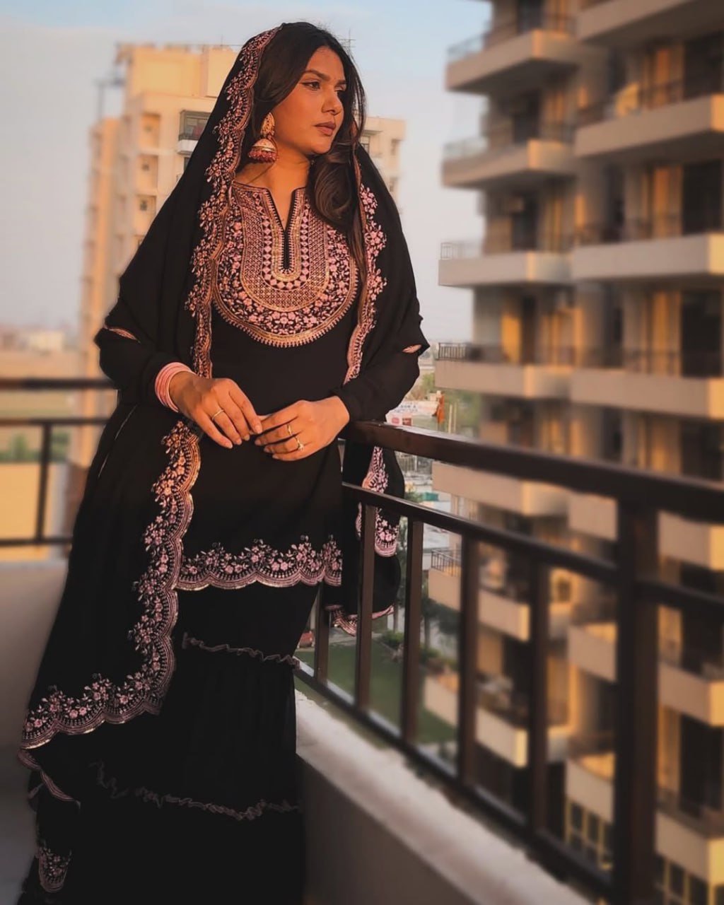 Black Faux Georgette Sharara Set with Pink Embroidered 