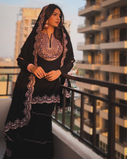 Black Faux Georgette Sharara Set with Pink Embroidered 