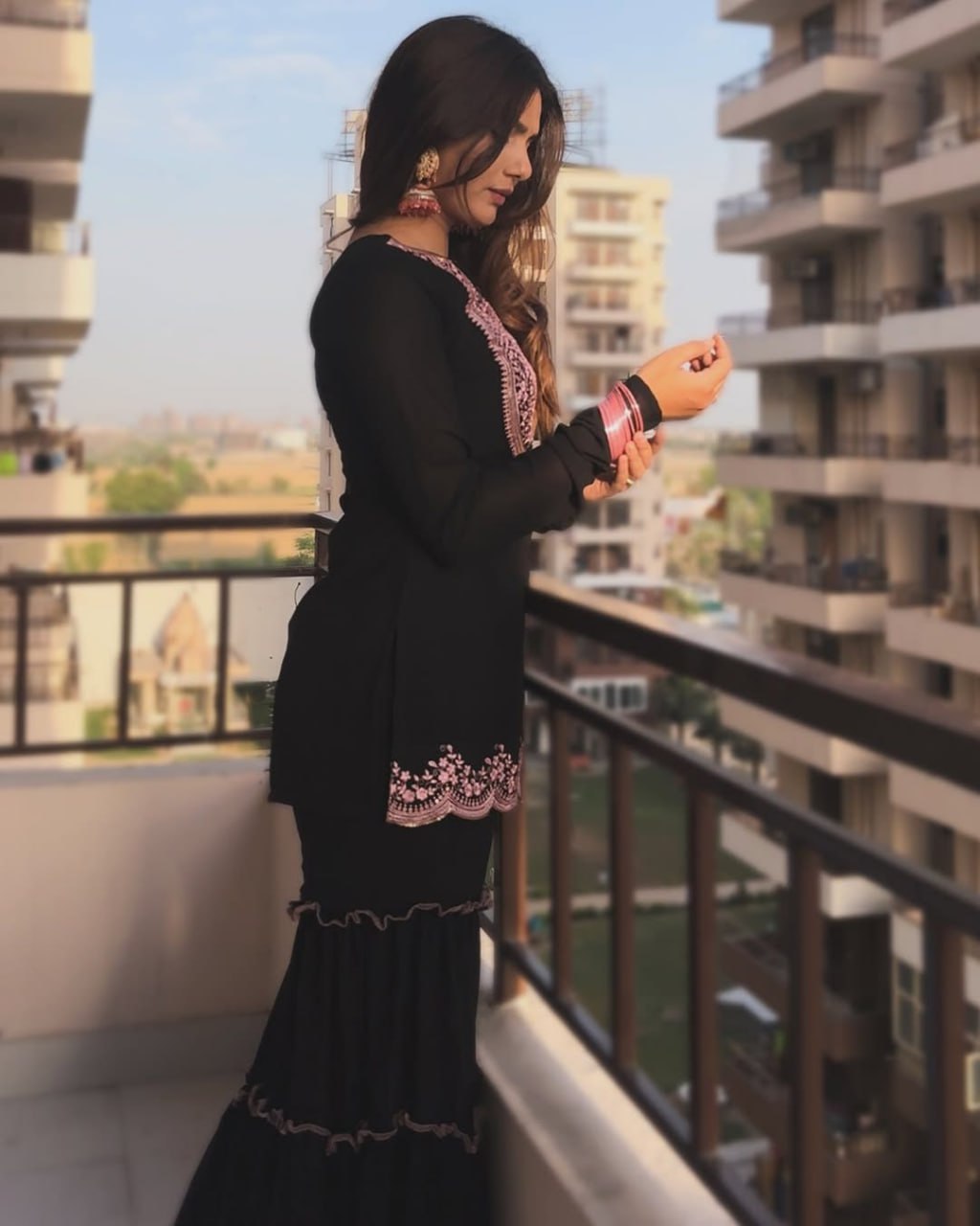Black Faux Georgette Sharara Set with Pink Embroidered 