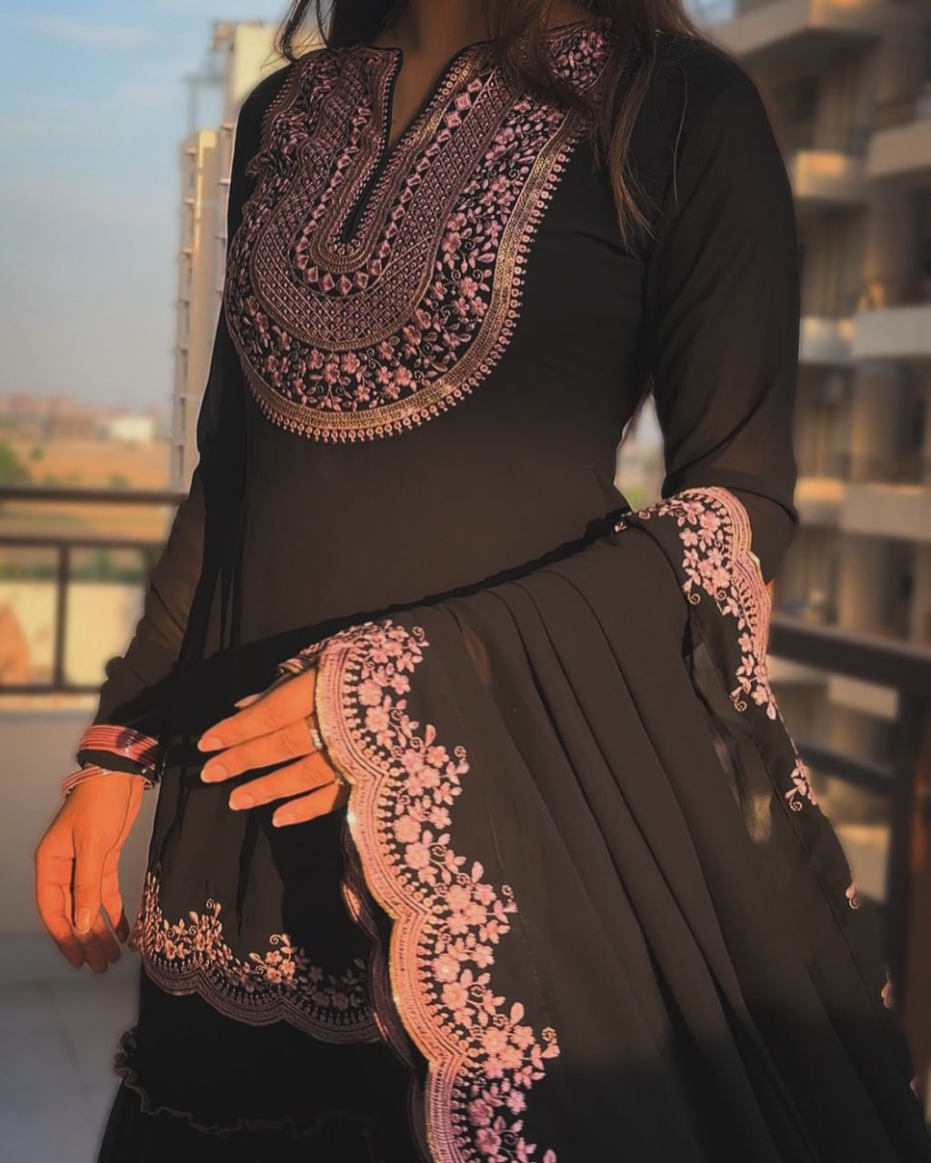 Black Faux Georgette Sharara Set with Pink Embroidered 