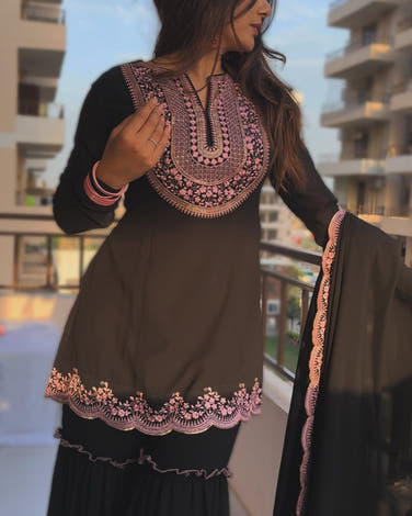 Black Faux Georgette Sharara Set with Pink Embroidered 