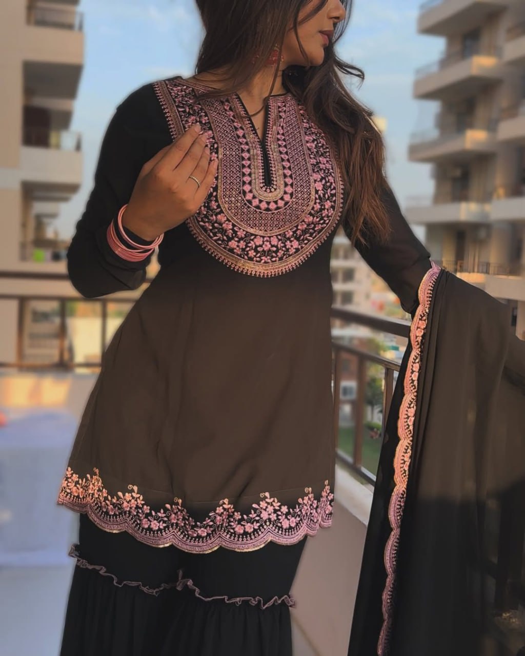 Black Faux Georgette Sharara Set with Pink Embroidered 