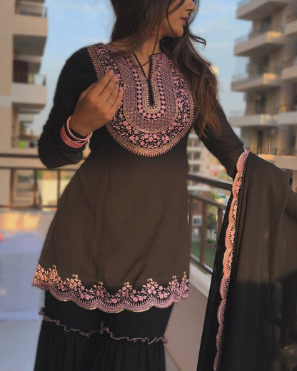 Black Faux Georgette Sharara Set with Pink Embroidered 