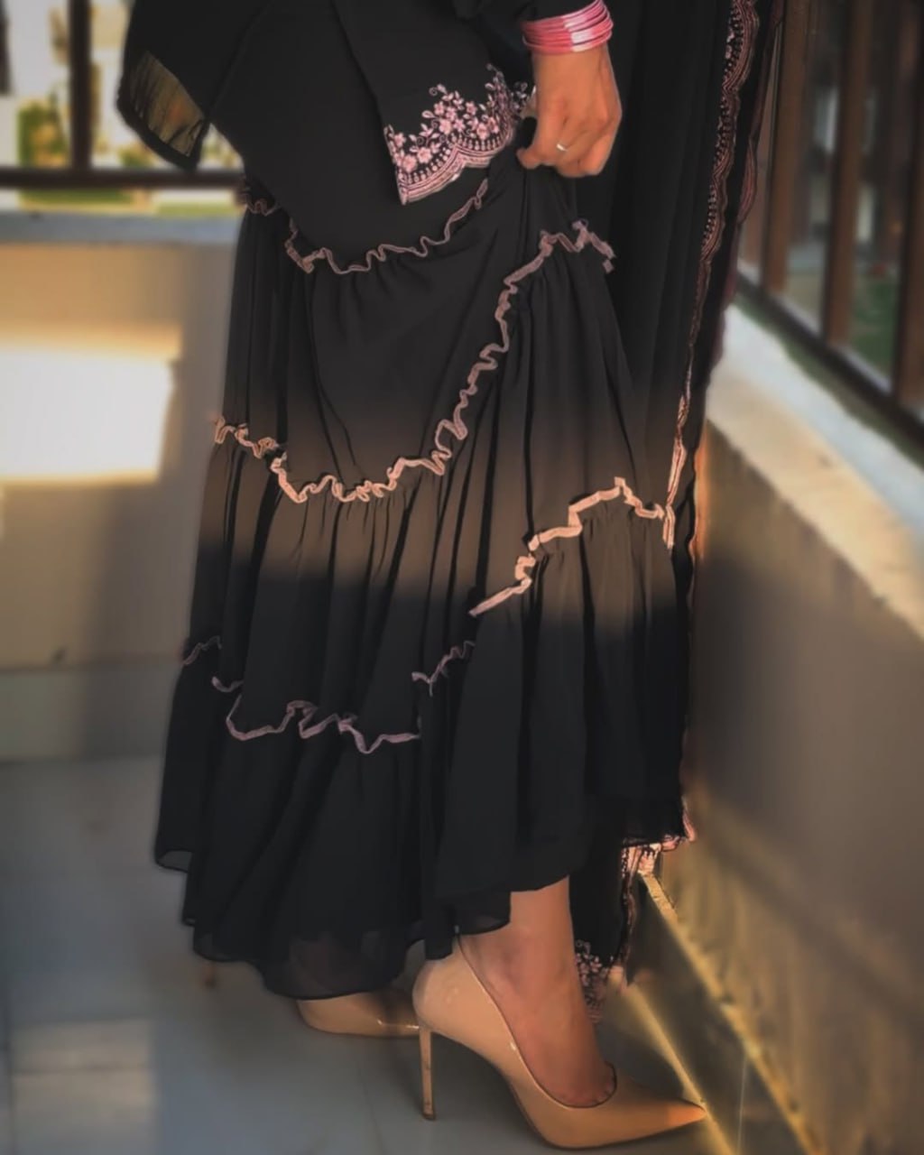 Black Faux Georgette Sharara Set with Pink Embroidered 