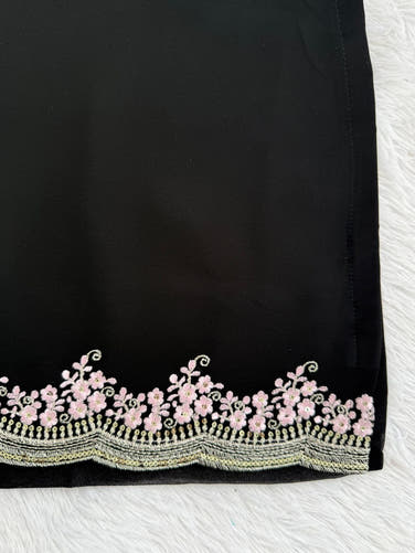 Black Faux Georgette Sharara Set with Pink Embroidered 