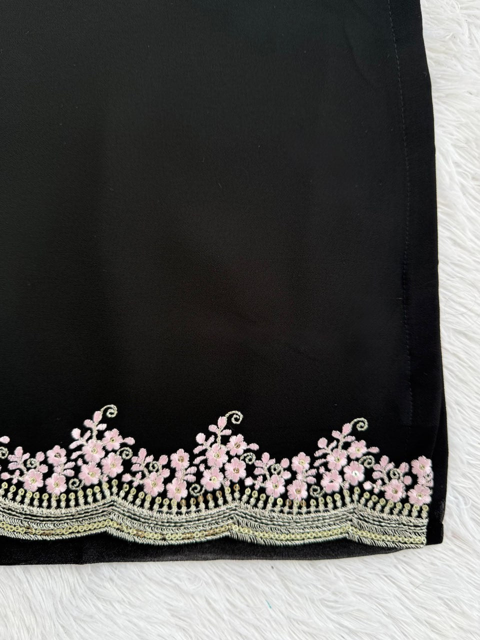 Black Faux Georgette Sharara Set with Pink Embroidered 