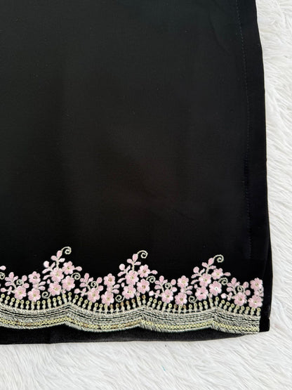 Black Faux Georgette Sharara Set with Pink Embroidered 