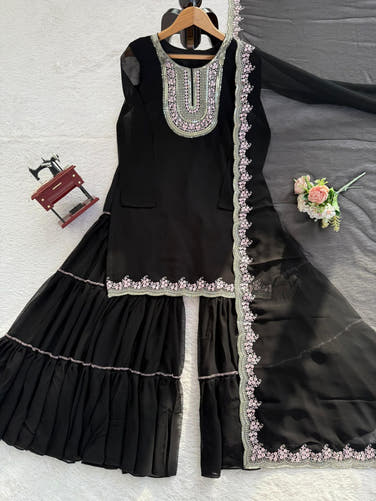 Black Faux Georgette Sharara Set with Pink Embroidered 