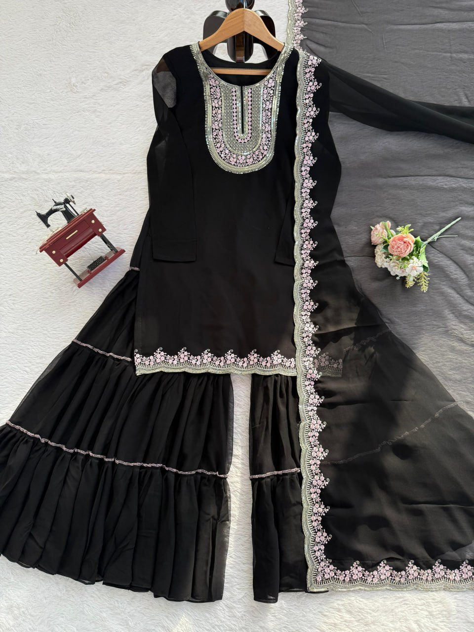 Black Faux Georgette Sharara Set with Pink Embroidered 