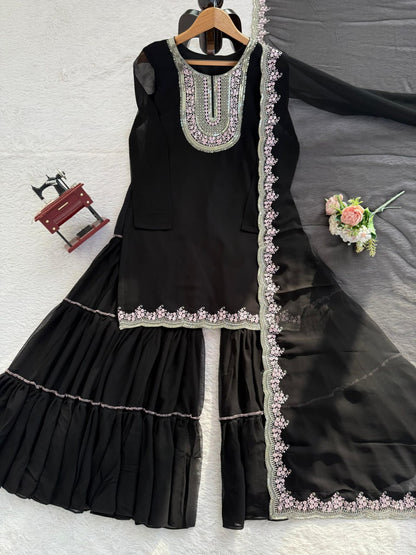 Black Faux Georgette Sharara Set with Pink Embroidered 