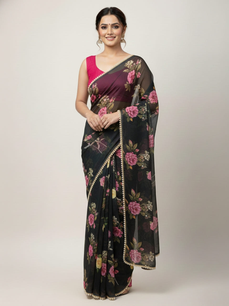 Black Georgette Digital Print Saree with Moti Lace Border & Blouse