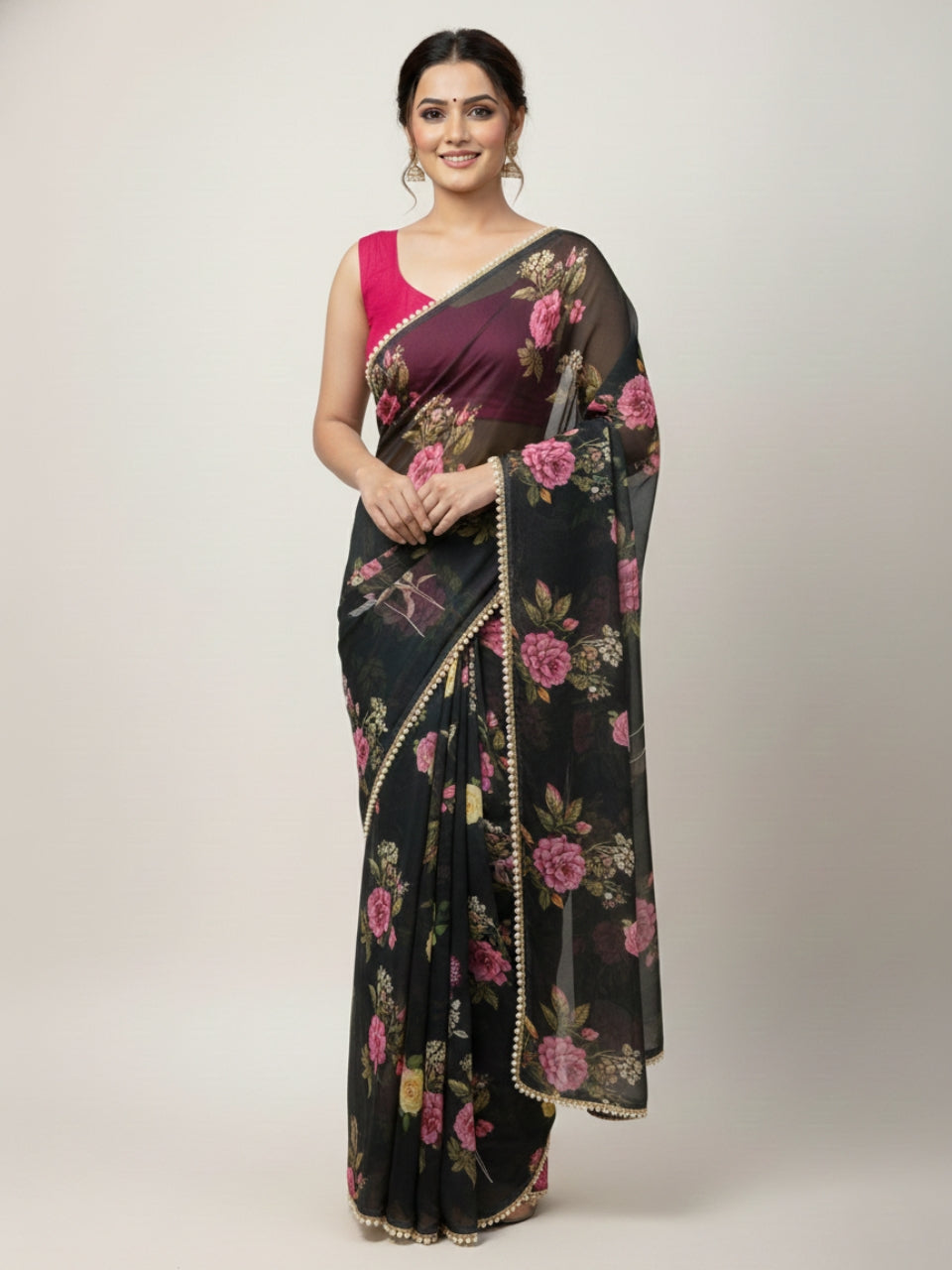 Black Georgette Digital Print Saree with Moti Lace Border & Blouse