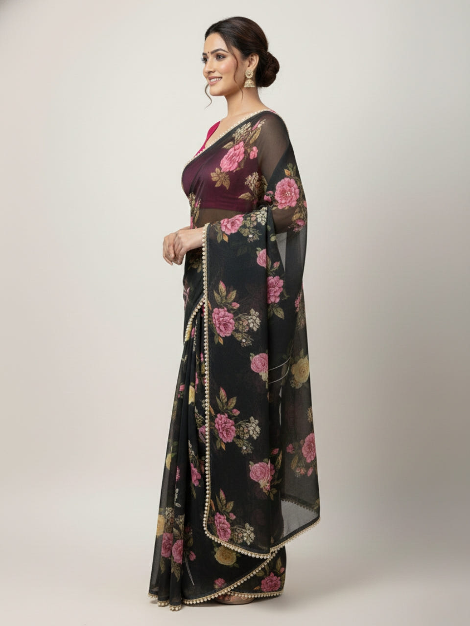 Black Georgette Digital Print Saree with Moti Lace Border & Blouse