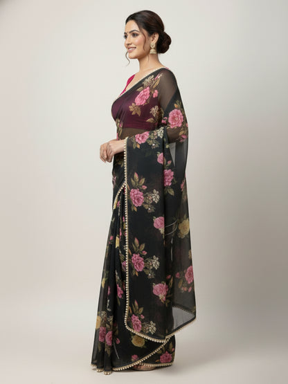 Black Georgette Digital Print Saree with Moti Lace Border & Blouse