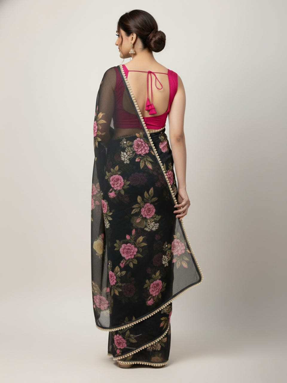 Black Georgette Digital Print Saree with Moti Lace Border & Blouse