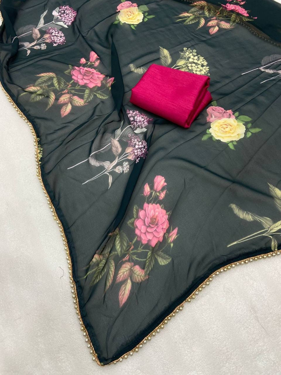 Black Georgette Digital Print Saree with Moti Lace Border & Blouse