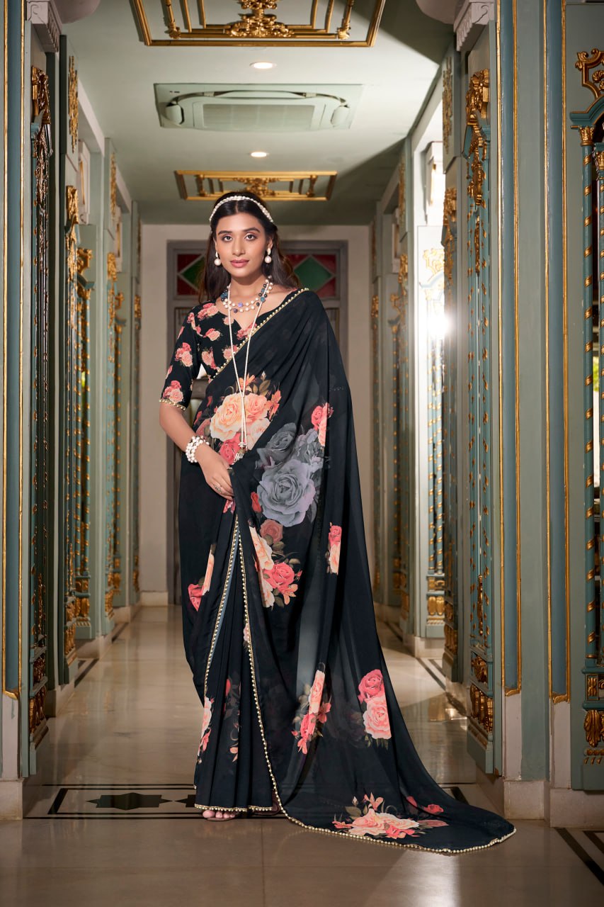 Black Georgette Floral Print Saree with Pearl Lace Border