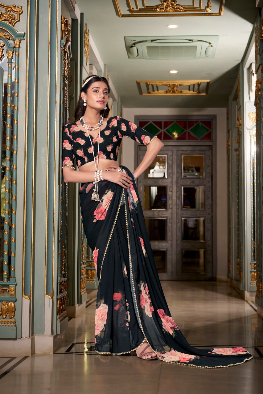 Black Georgette Floral Print Saree with Pearl Lace Border