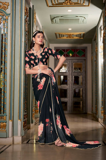 Black Georgette Floral Print Saree with Pearl Lace Border