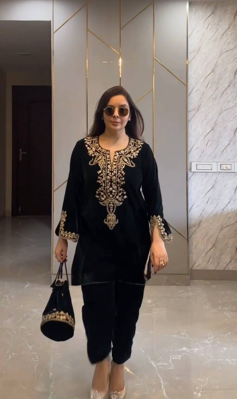 Black Heavy Viscose Velvet Embroidery Sharara Suit For Party Wear