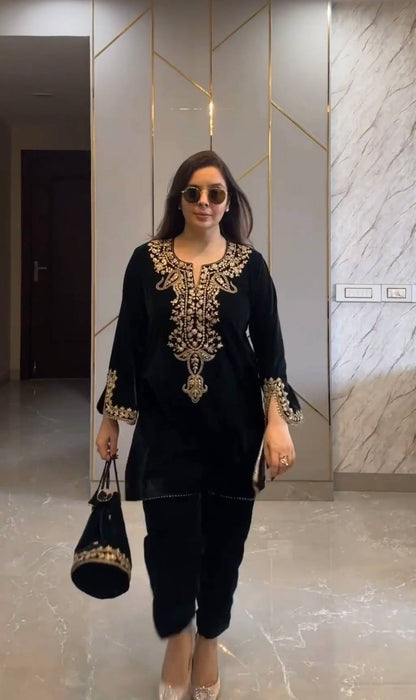 Black Heavy Viscose Velvet Embroidery Sharara Suit For Party Wear