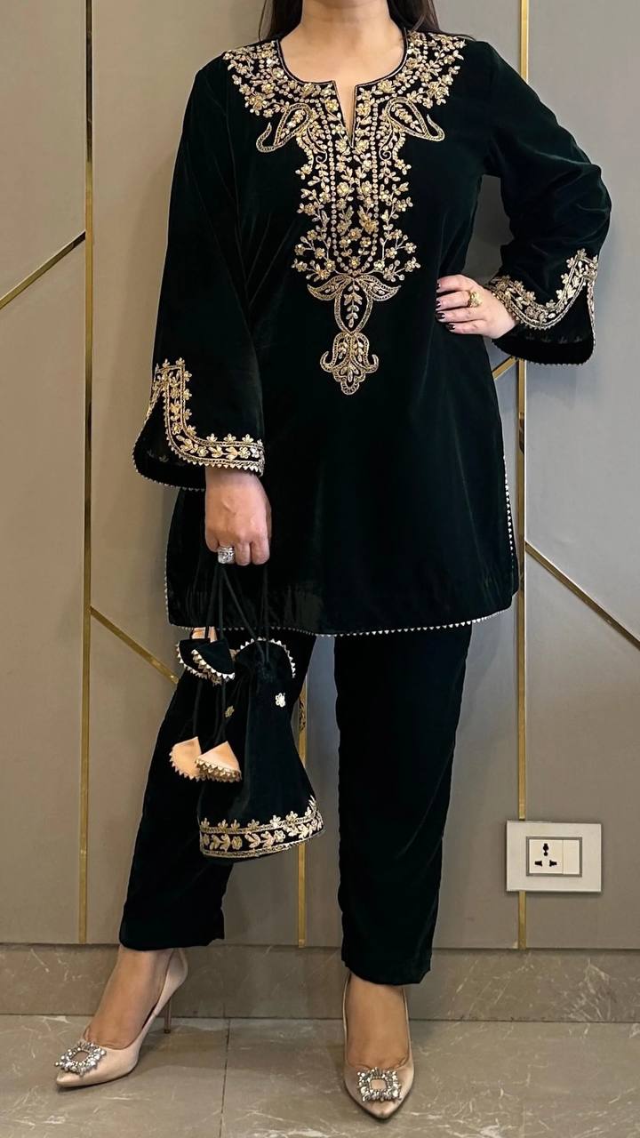 Black Heavy Viscose Velvet Embroidery Sharara Suit For Party Wear