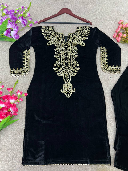 Black Heavy Viscose Velvet Embroidery Sharara Suit For Party Wear