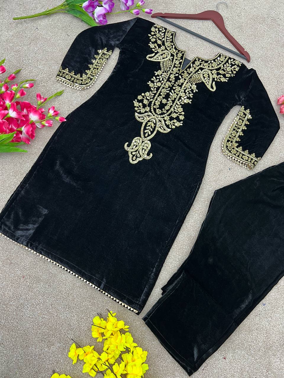 Black Heavy Viscose Velvet Embroidery Sharara Suit For Party Wear